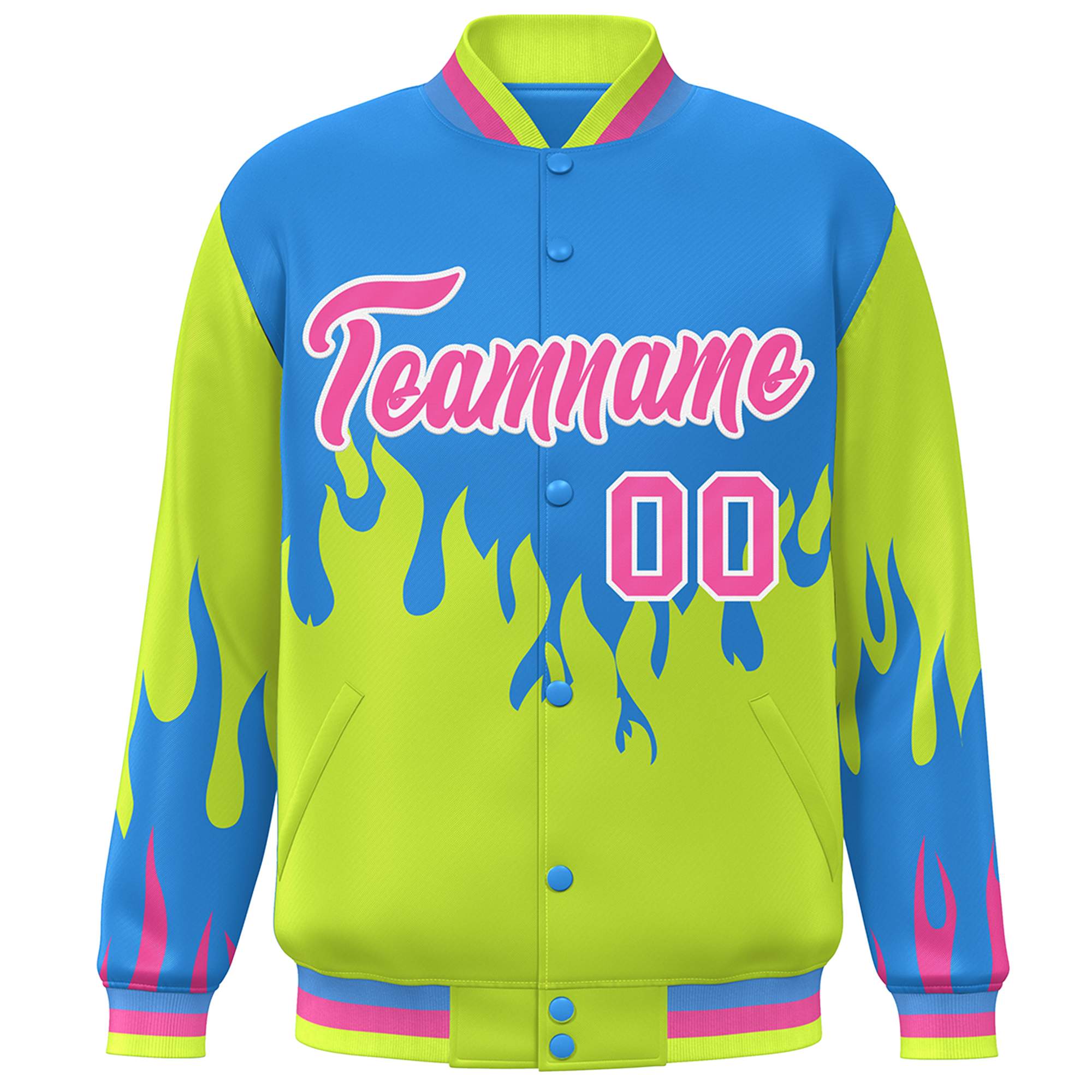 Custom Powder Blue Neon Green-Pink Flame Graffiti Pattern Bomber Varsity Full-Snap Jacket