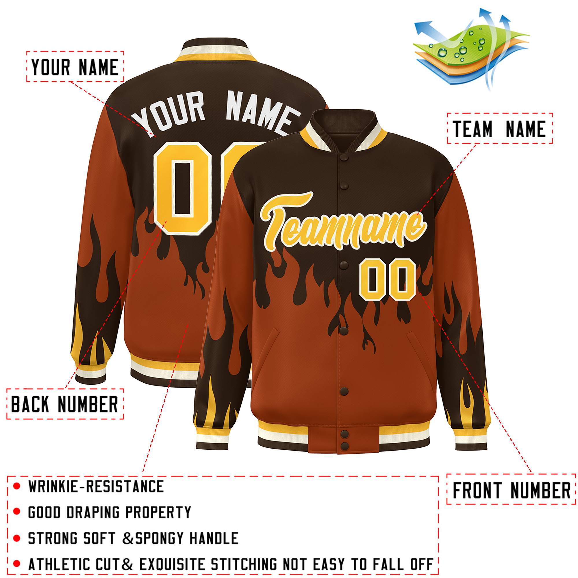 Custom Brown Orange-Gold Flame Graffiti Pattern Bomber Varsity Full-Snap Jacket