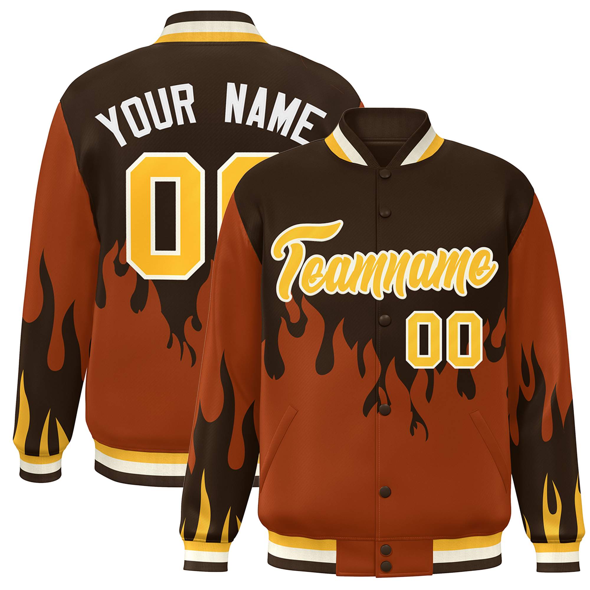 Custom Brown Orange-Gold Flame Graffiti Pattern Bomber Varsity Full-Snap Jacket