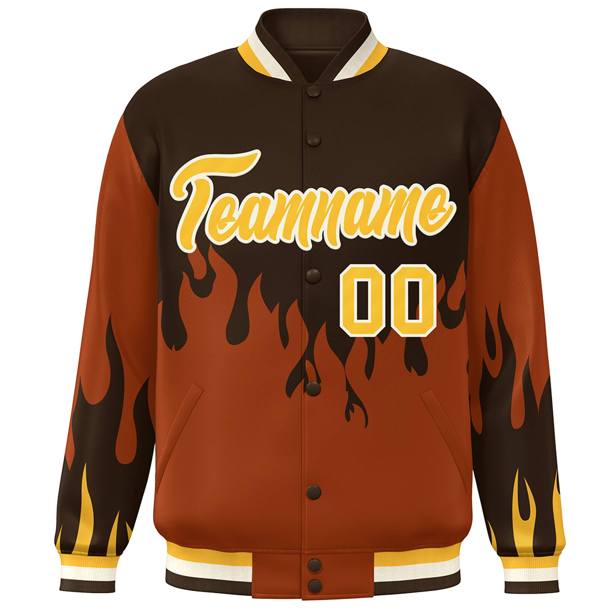 Custom Brown Orange-Gold Flame Graffiti Pattern Bomber Varsity Full-Snap Jacket