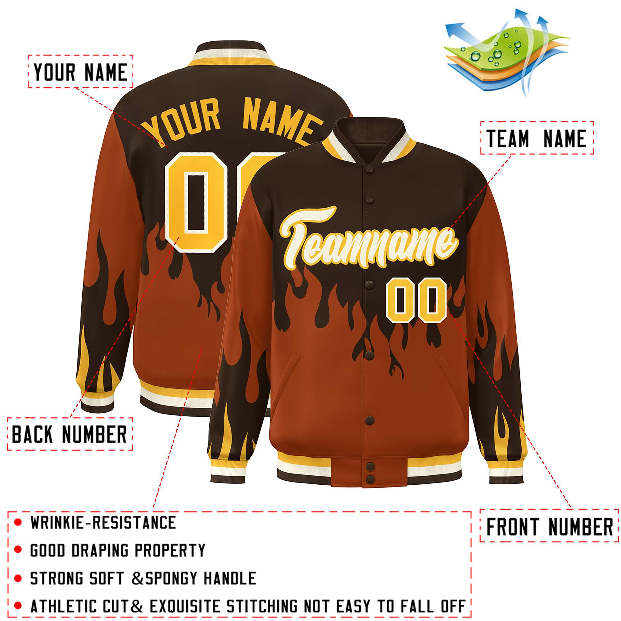 Custom Brown Orange-White Flame Graffiti Pattern Bomber Varsity Full-Snap Jacket