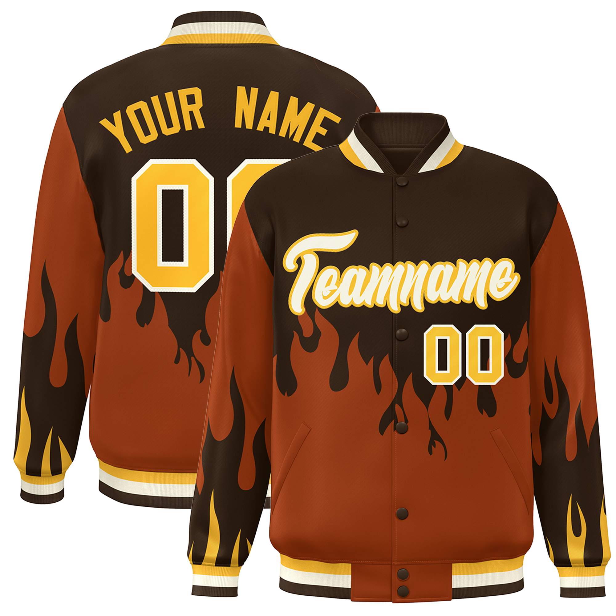 Custom Brown Orange-White Flame Graffiti Pattern Bomber Varsity Full-Snap Jacket