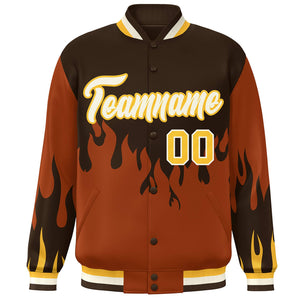 Custom Brown Orange-White Flame Graffiti Pattern Bomber Varsity Full-Snap Jacket