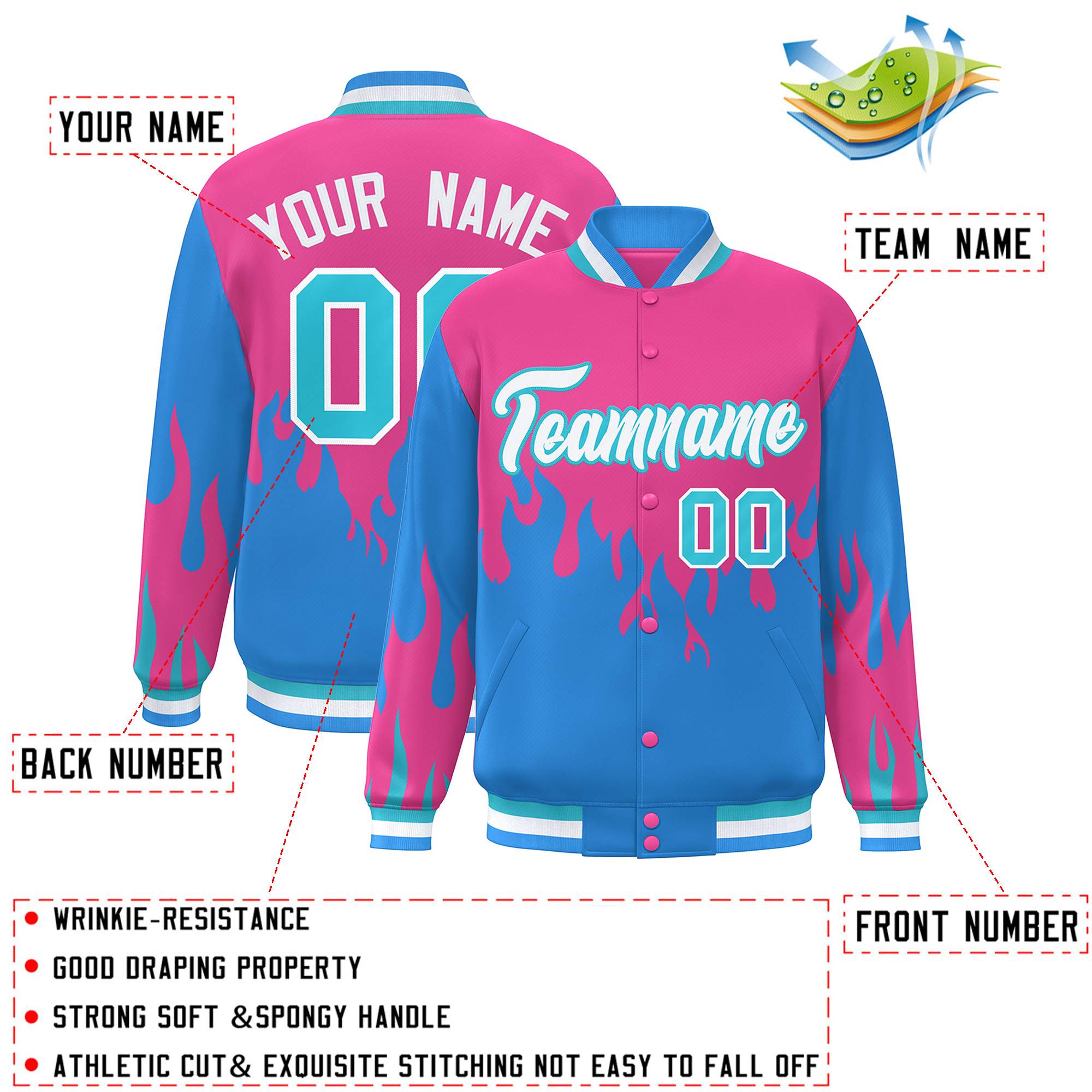 Custom Pink Powder Blue-White Flame Graffiti Pattern Bomber Varsity Full-Snap Jacket