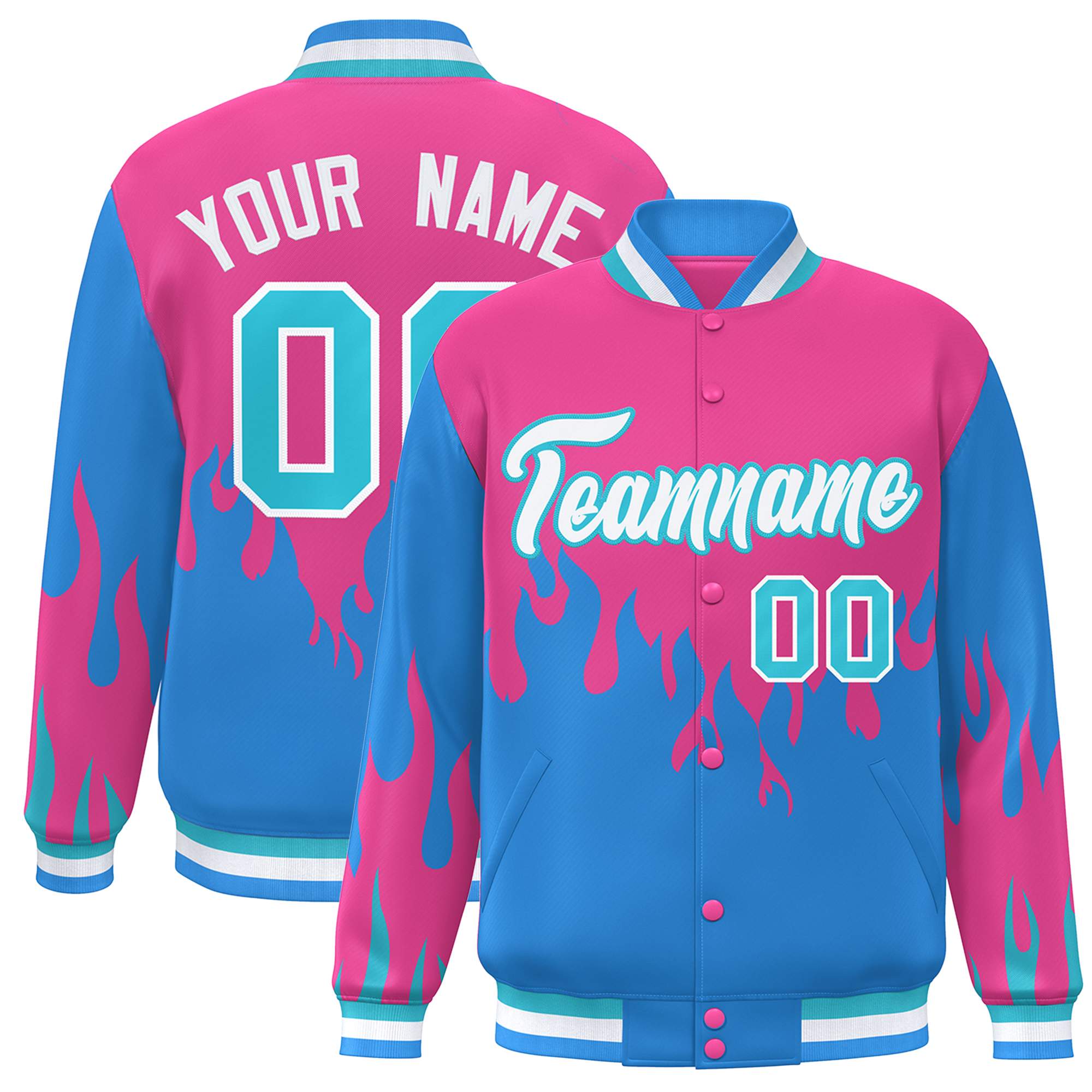 Custom Pink Powder Blue-White Flame Graffiti Pattern Bomber Varsity Full-Snap Jacket