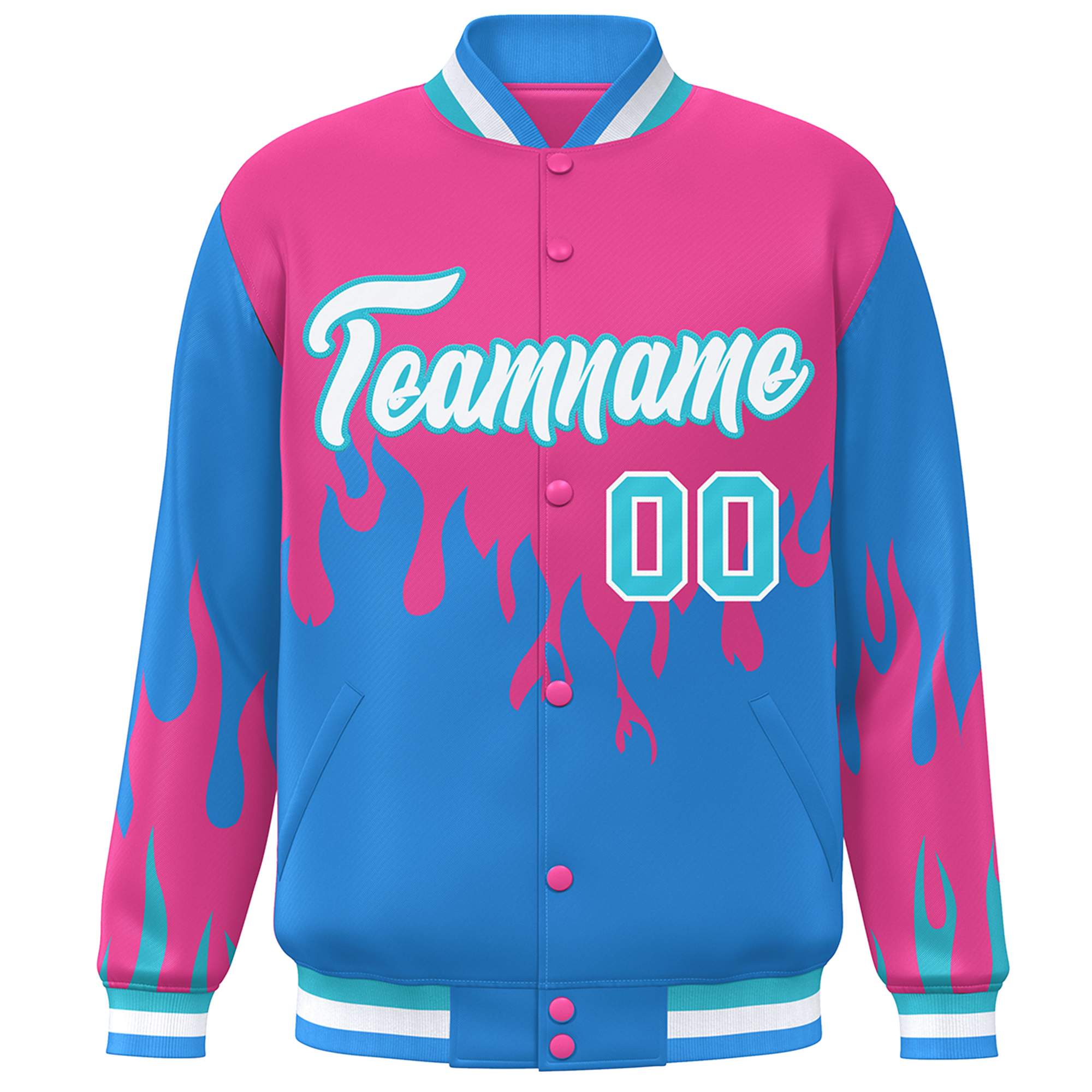 Custom Pink Powder Blue-White Flame Graffiti Pattern Bomber Varsity Full-Snap Jacket