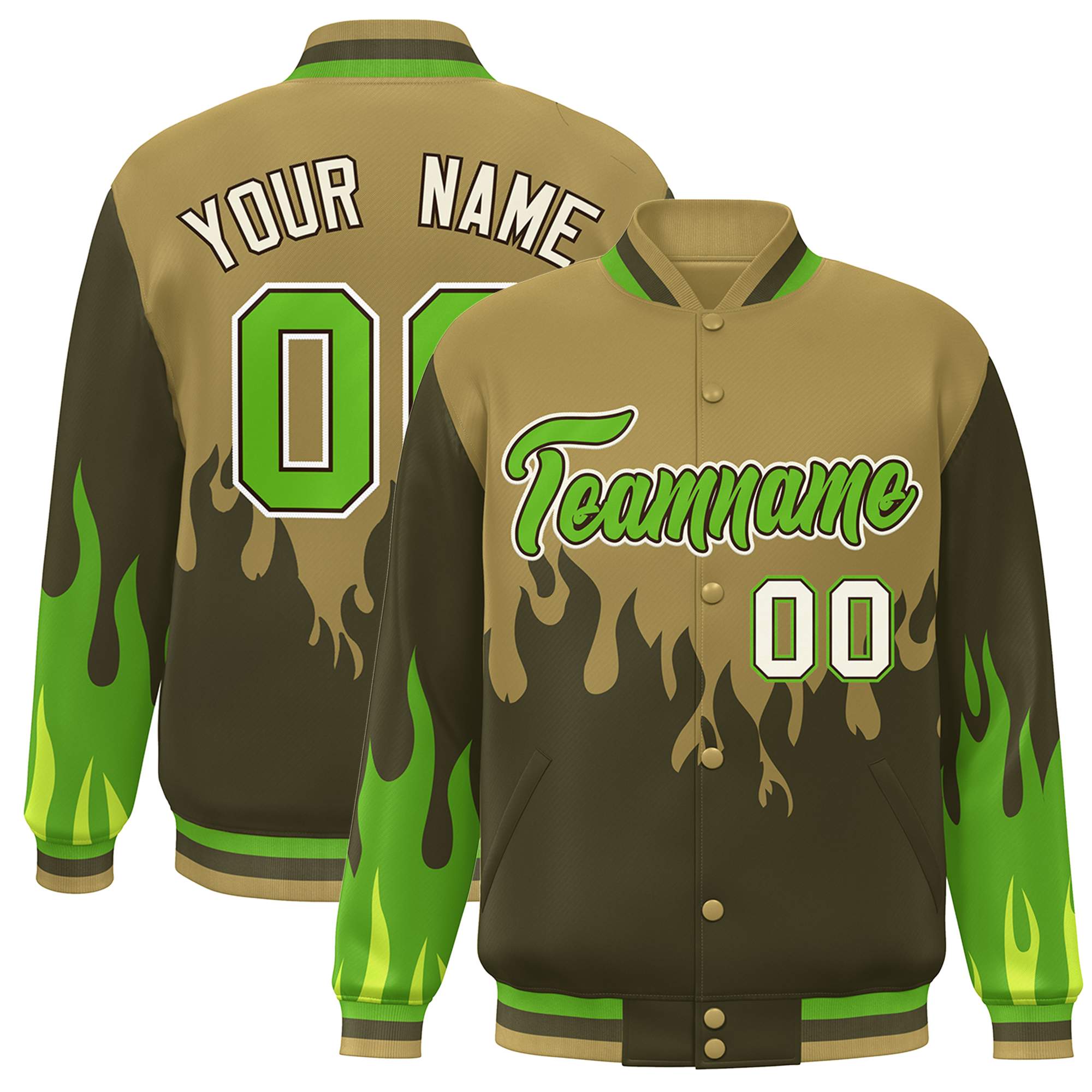 Custom Desert Yellow Olive-Green Flame Graffiti Pattern Bomber Varsity Full-Snap Jacket