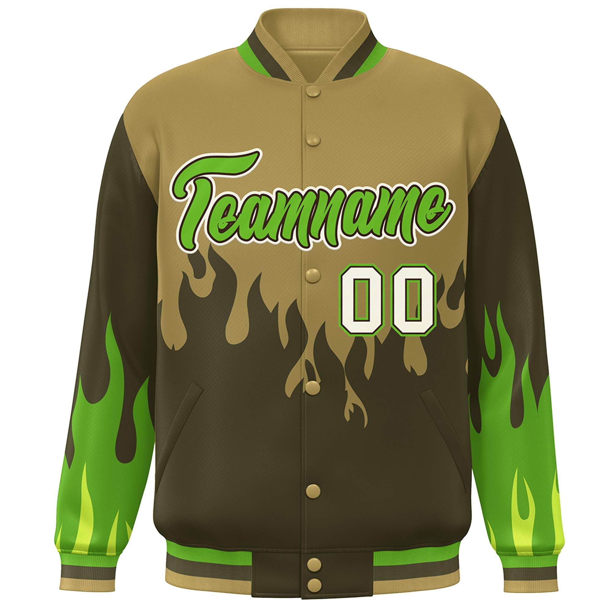 Custom Desert Yellow Olive-Green Flame Graffiti Pattern Bomber Varsity Full-Snap Jacket