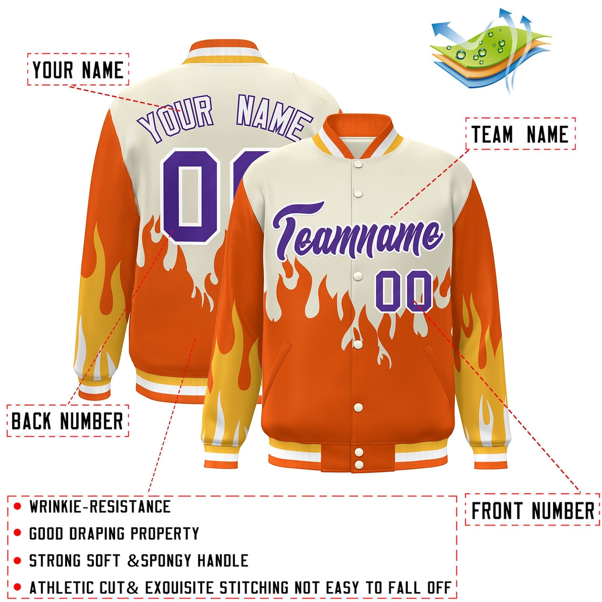 Custom Cream Orange-Purple Flame Graffiti Pattern Bomber Varsity Full-Snap Jacket