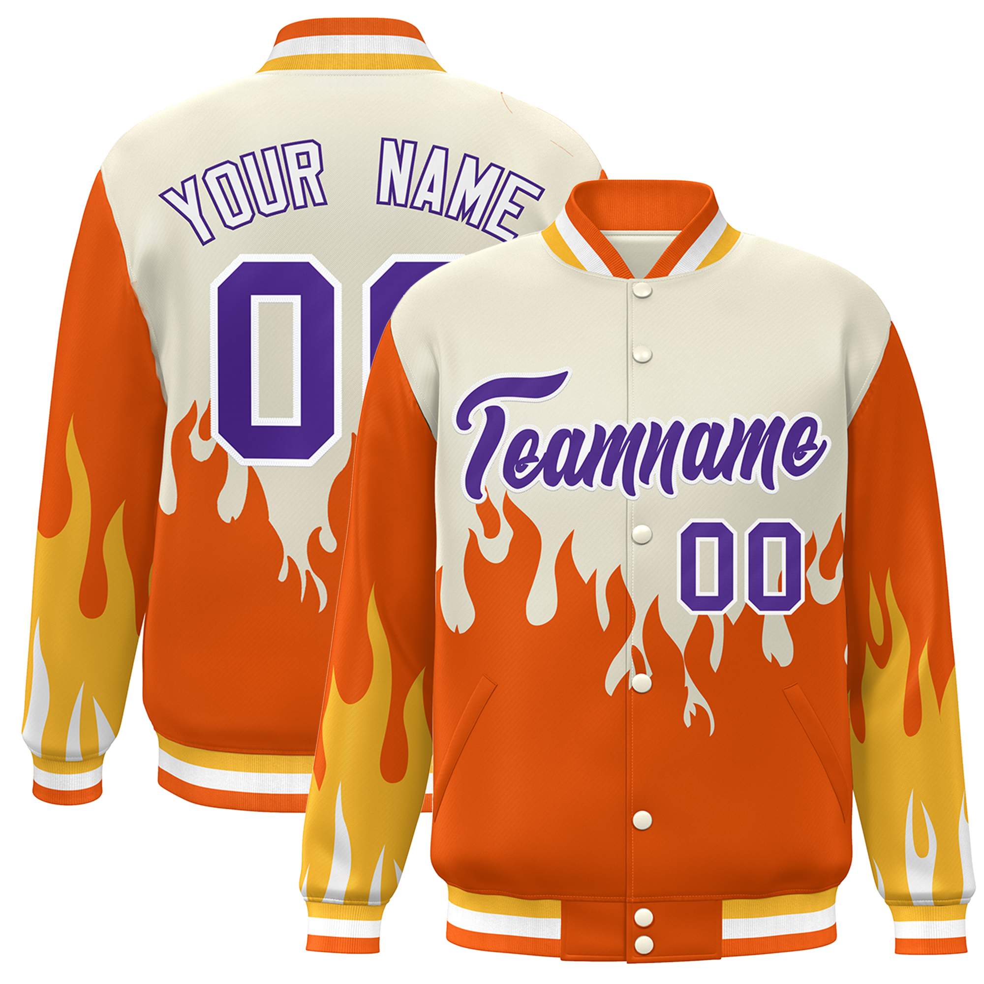 Custom Cream Orange-Purple Flame Graffiti Pattern Bomber Varsity Full-Snap Jacket