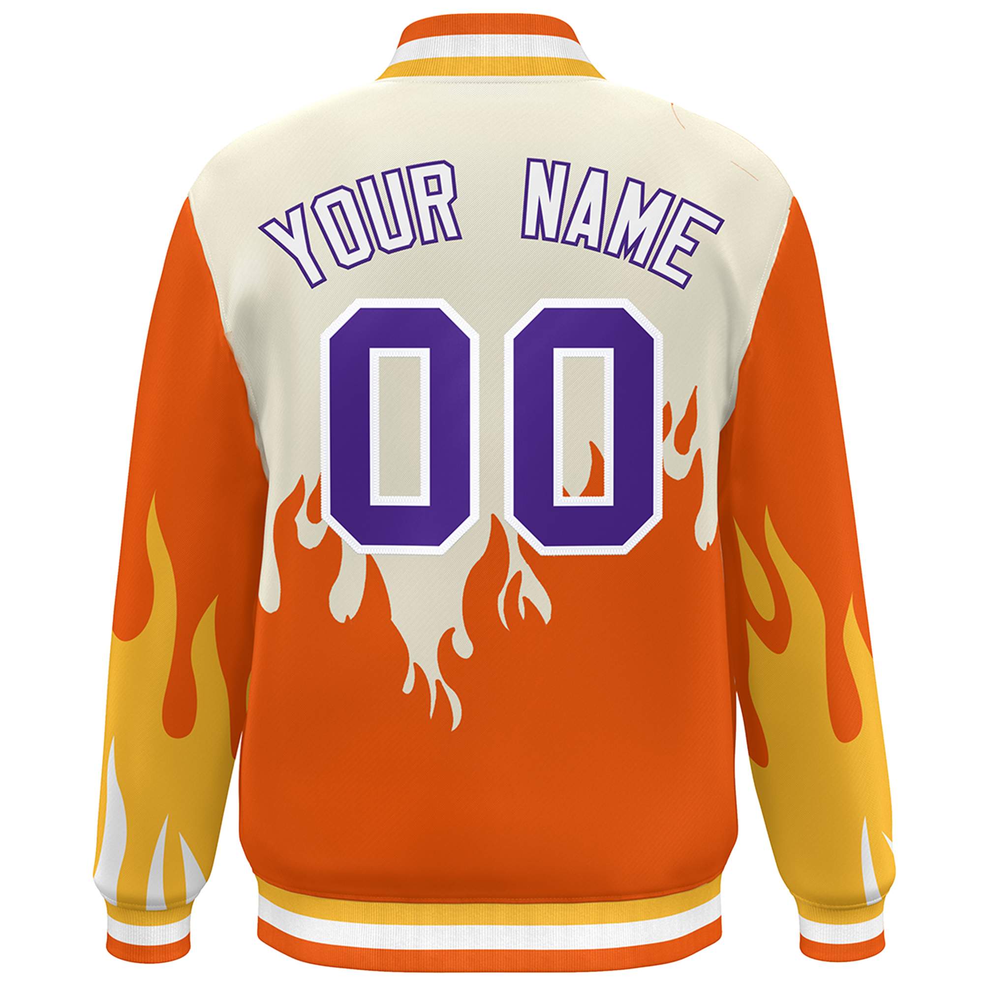 Custom Cream Orange-Purple Flame Graffiti Pattern Bomber Varsity Full-Snap Jacket