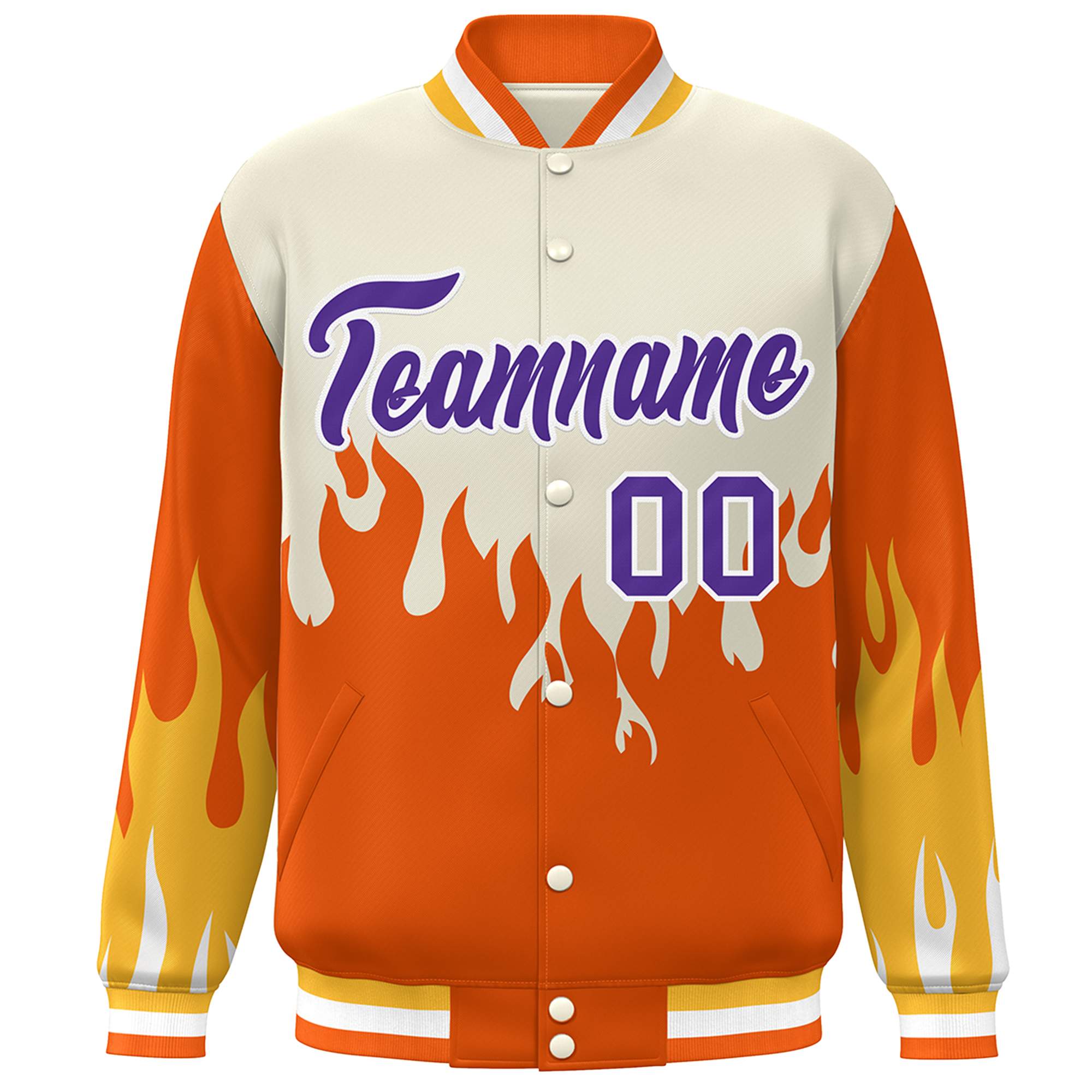 Custom Cream Orange-Purple Flame Graffiti Pattern Bomber Varsity Full-Snap Jacket