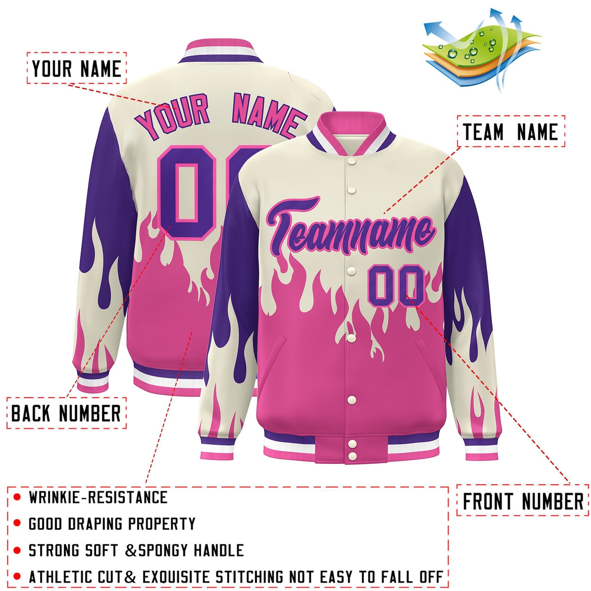 Custom Cream Pink-Purple Flame Graffiti Pattern Bomber Varsity Full-Snap Jacket