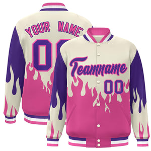 Custom Cream Pink-Purple Flame Graffiti Pattern Bomber Varsity Full-Snap Jacket