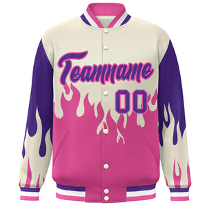 Custom Cream Pink-Purple Flame Graffiti Pattern Bomber Varsity Full-Snap Jacket