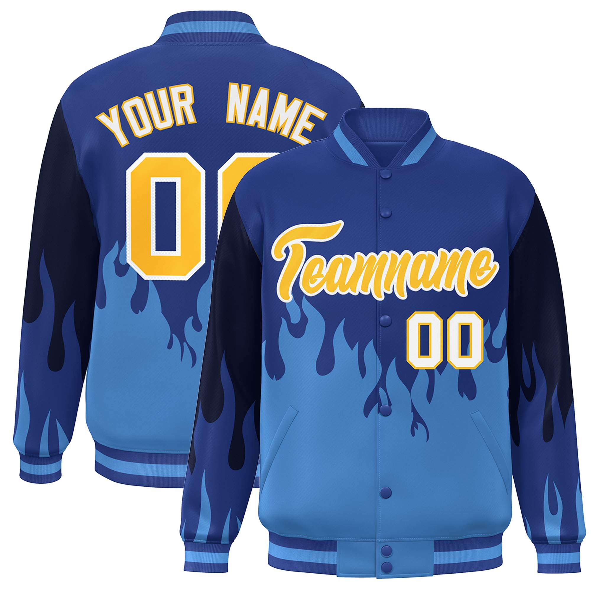 Custom Royal Powder Blue-Gold Flame Graffiti Pattern Bomber Varsity Full-Snap Jacket