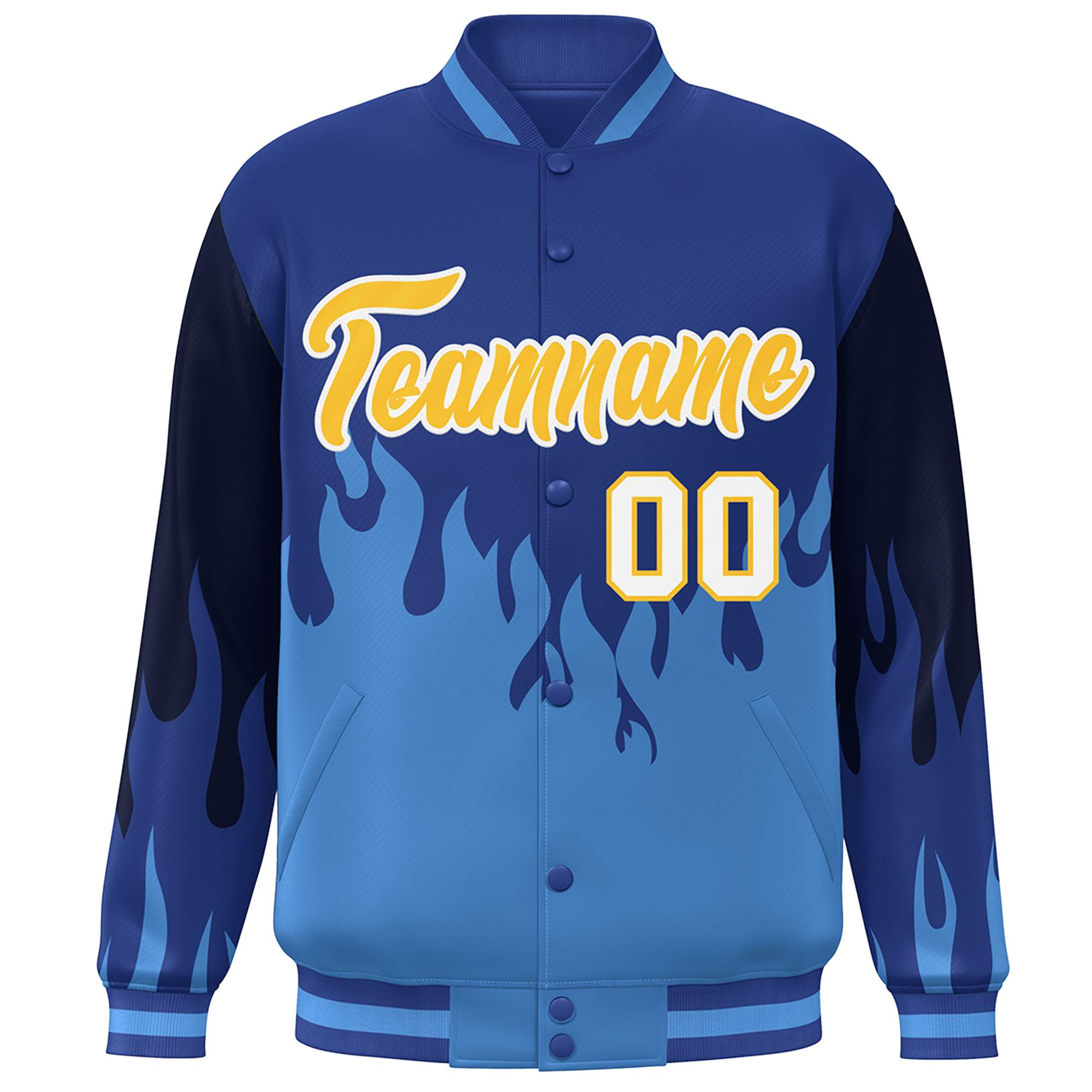 Custom Royal Powder Blue-Gold Flame Graffiti Pattern Bomber Varsity Full-Snap Jacket