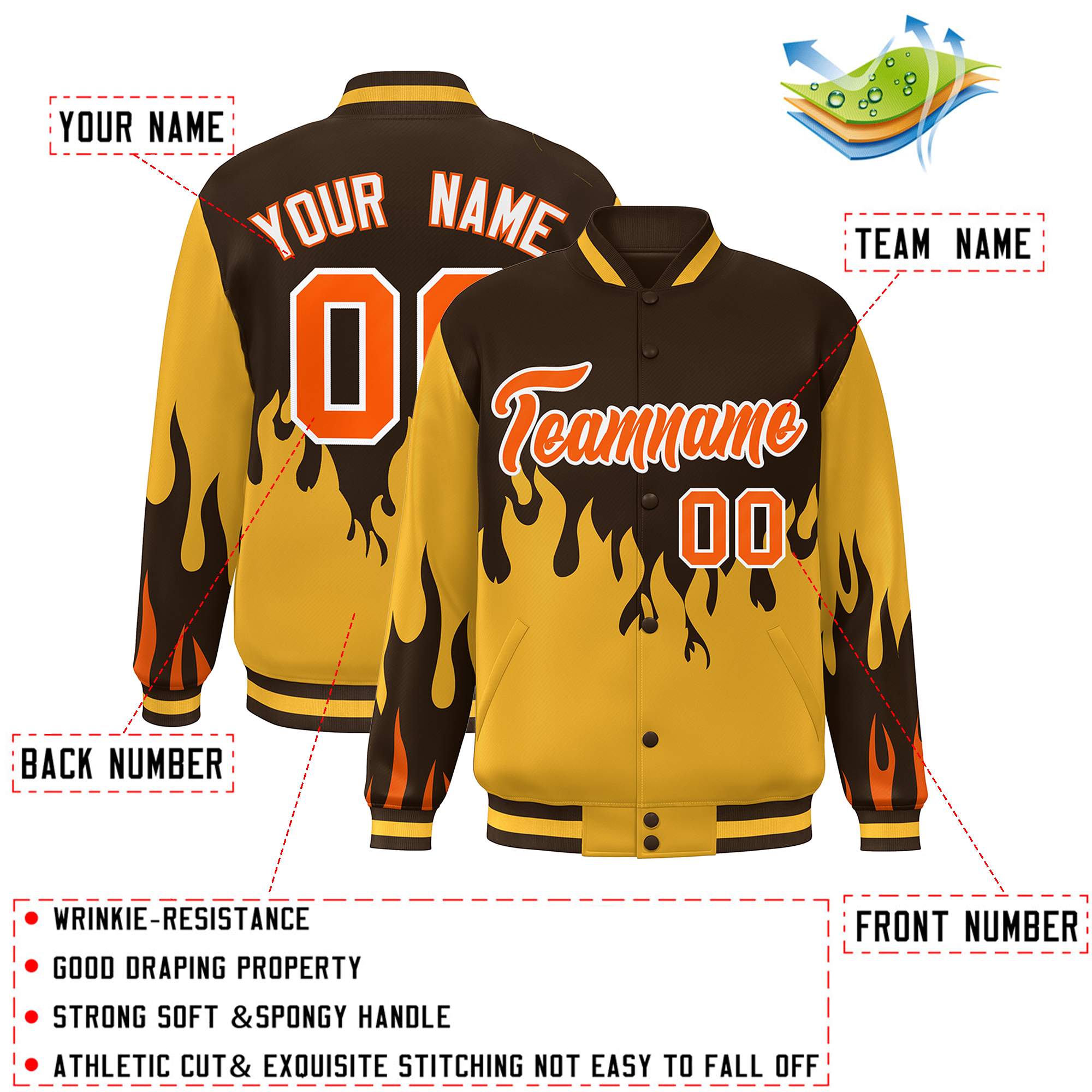 Custom Brown Gold-Orange Flame Graffiti Pattern Bomber Varsity Full-Snap Jacket