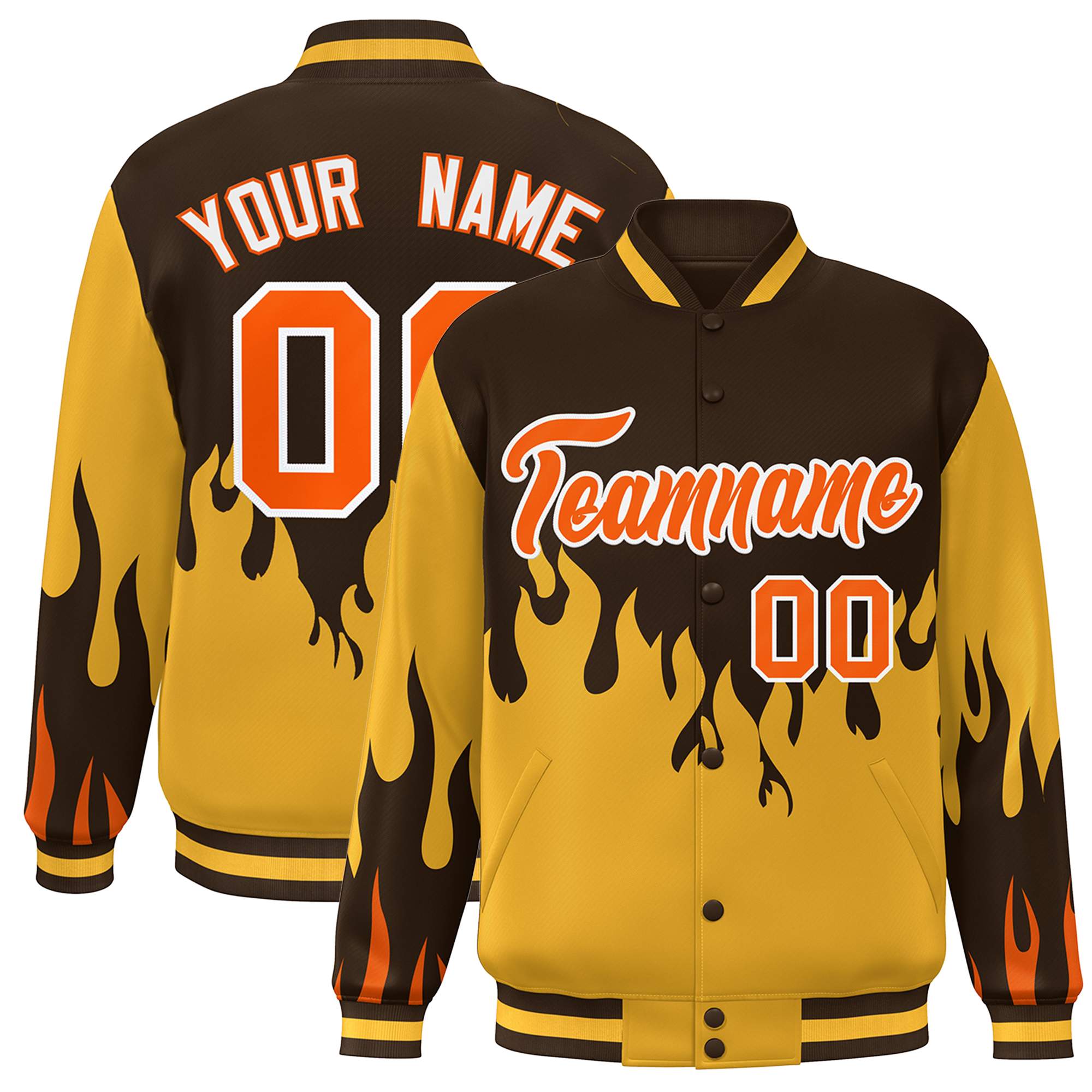 Custom Brown Gold-Orange Flame Graffiti Pattern Bomber Varsity Full-Snap Jacket