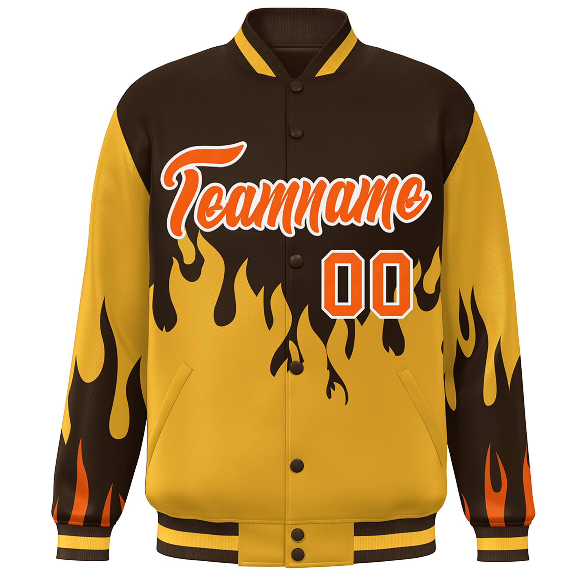 Custom Brown Gold-Orange Flame Graffiti Pattern Bomber Varsity Full-Snap Jacket