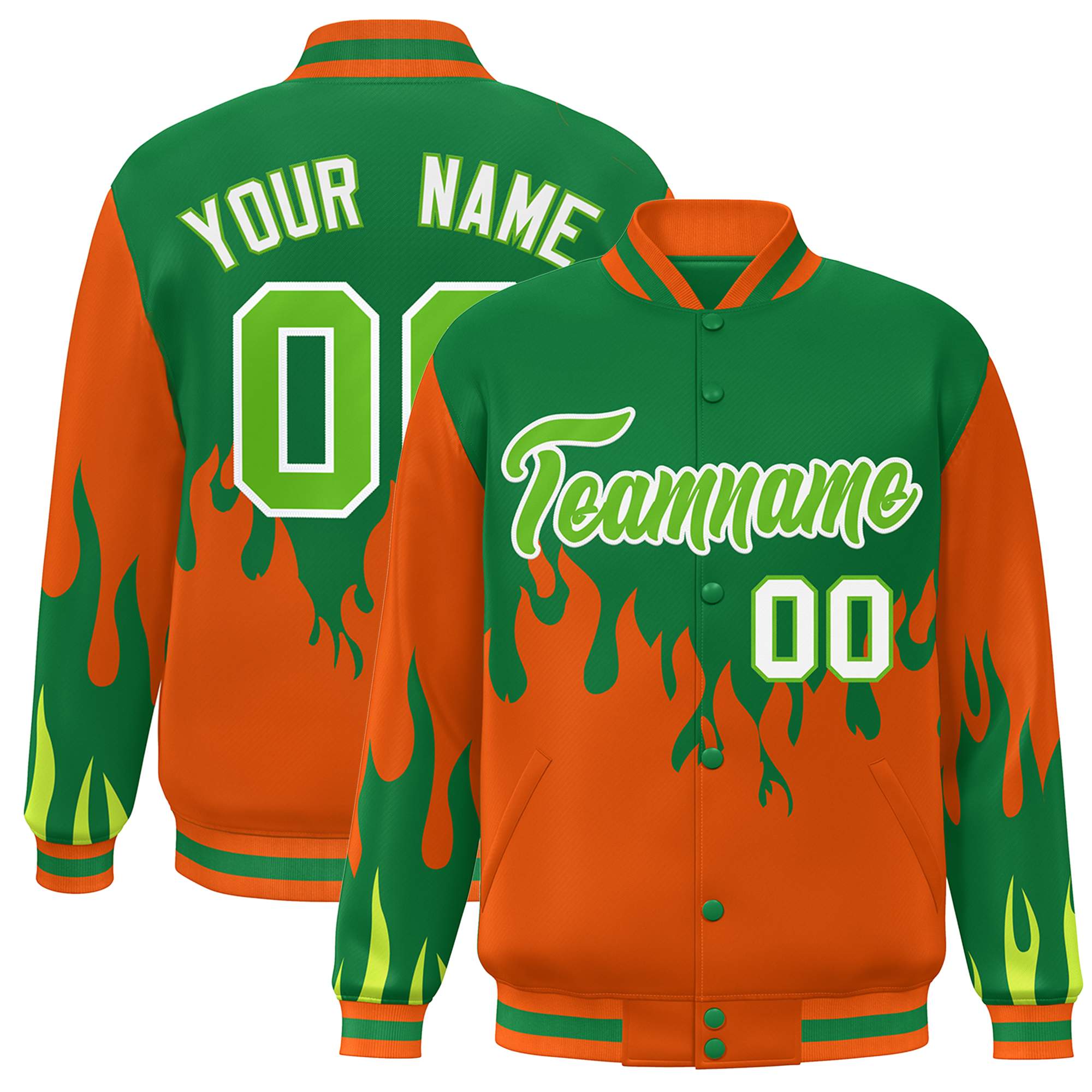 Custom Kelly Green Orange Flame Graffiti Pattern Bomber Varsity Full-Snap Jacket