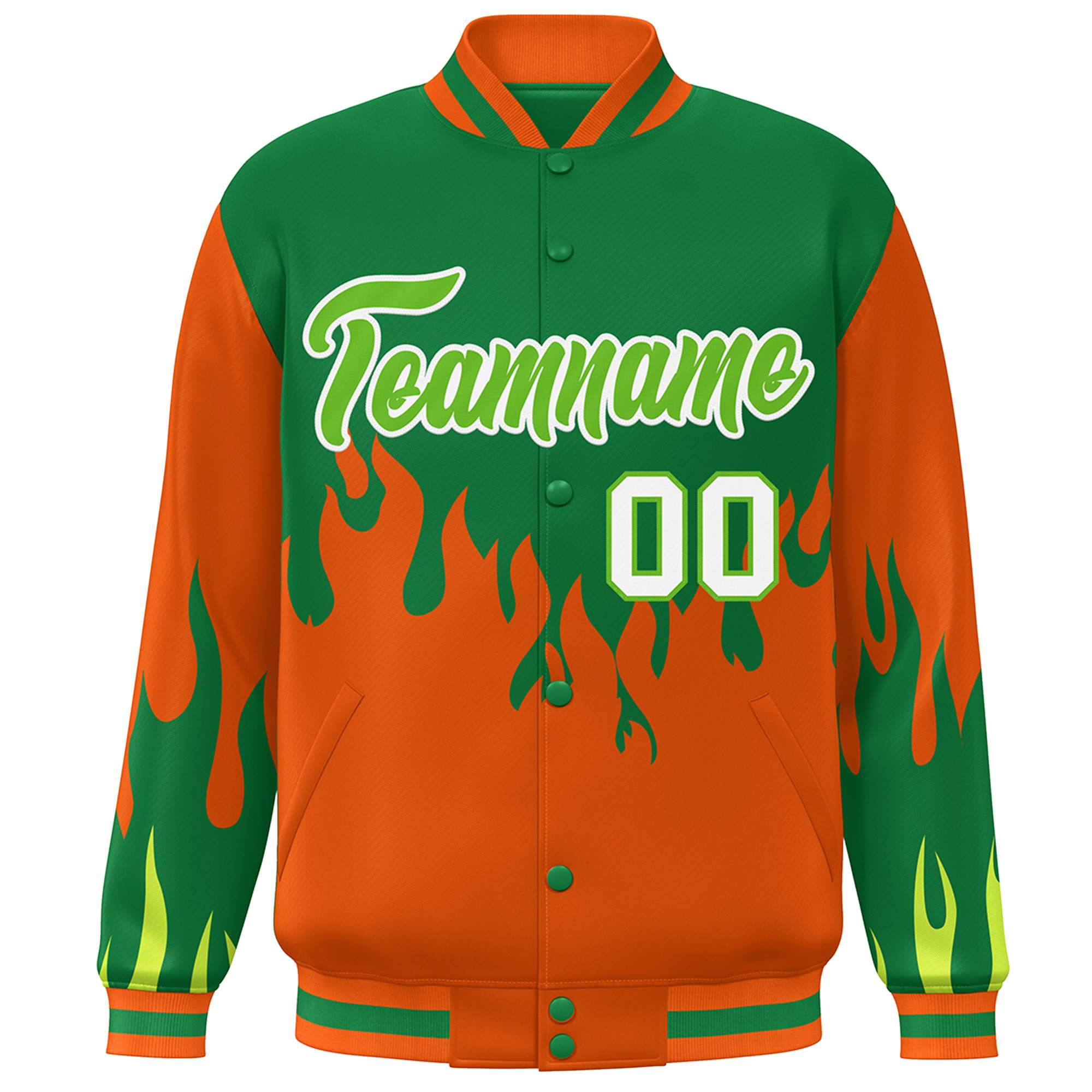 Custom Kelly Green Orange Flame Graffiti Pattern Bomber Varsity Full-Snap Jacket