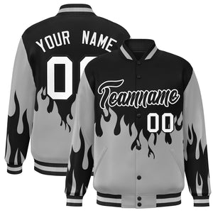 Custom Black Gray-White Flame Graffiti Pattern Bomber Varsity Full-Snap Jacket