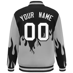 Custom Black Gray-White Flame Graffiti Pattern Bomber Varsity Full-Snap Jacket