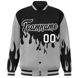 Custom Black Gray-White Flame Graffiti Pattern Bomber Varsity Full-Snap Jacket