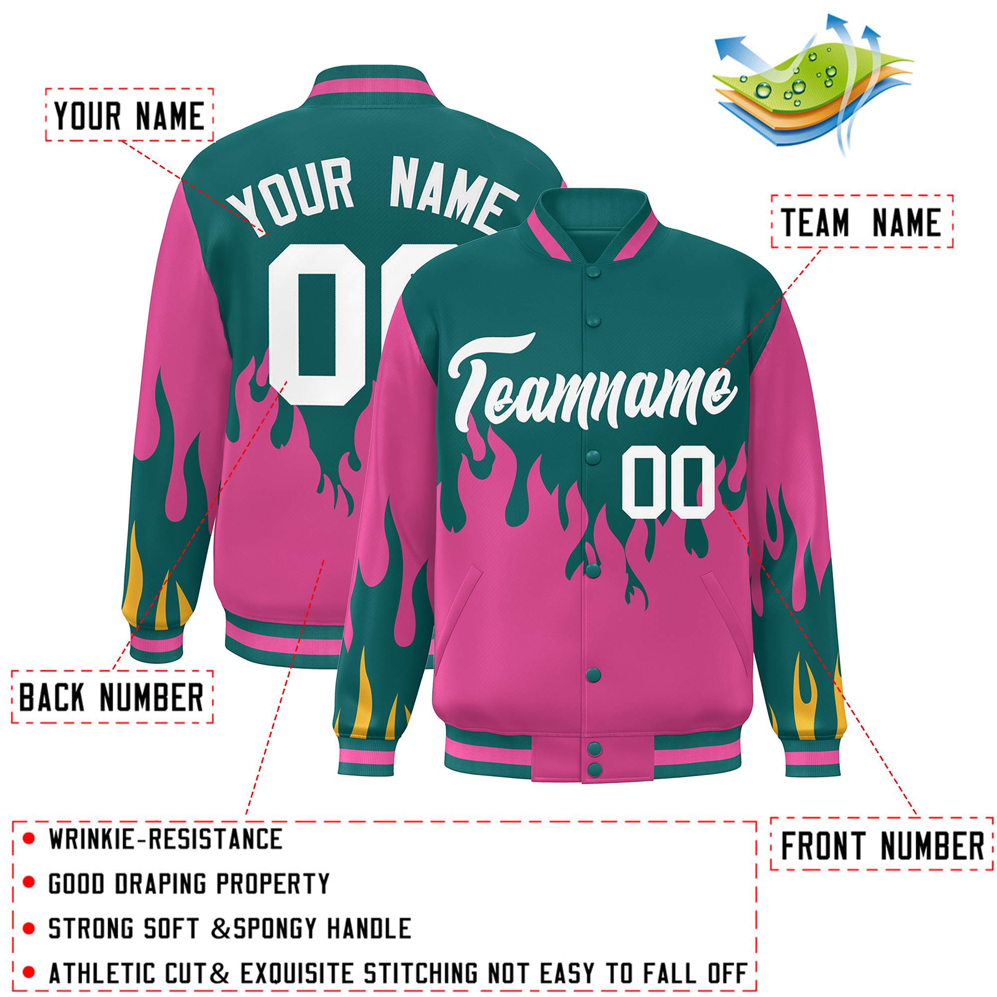 Custom Aqua Pink-White Flame Graffiti Pattern Bomber Varsity Full-Snap Jacket