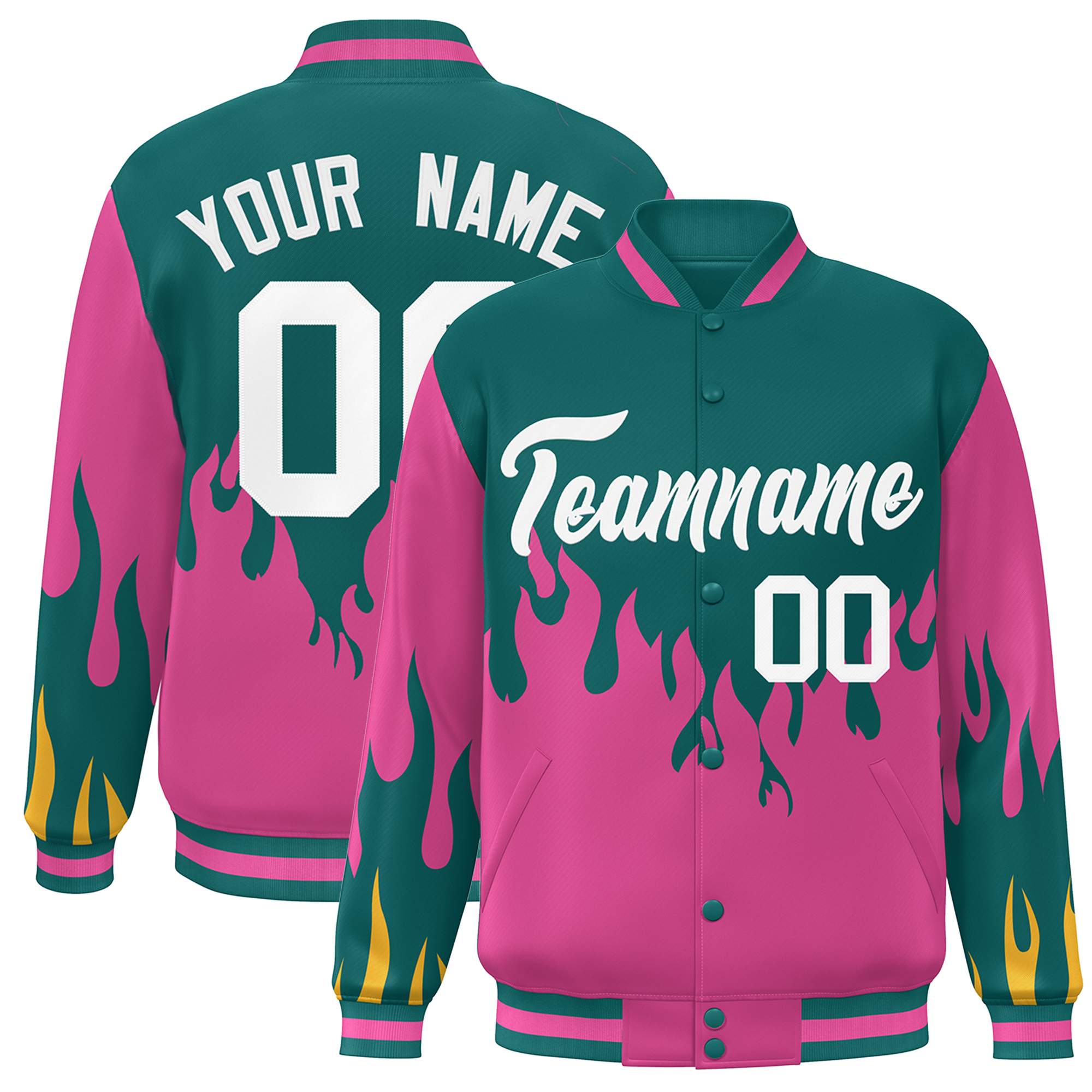 Custom Aqua Pink-White Flame Graffiti Pattern Bomber Varsity Full-Snap Jacket