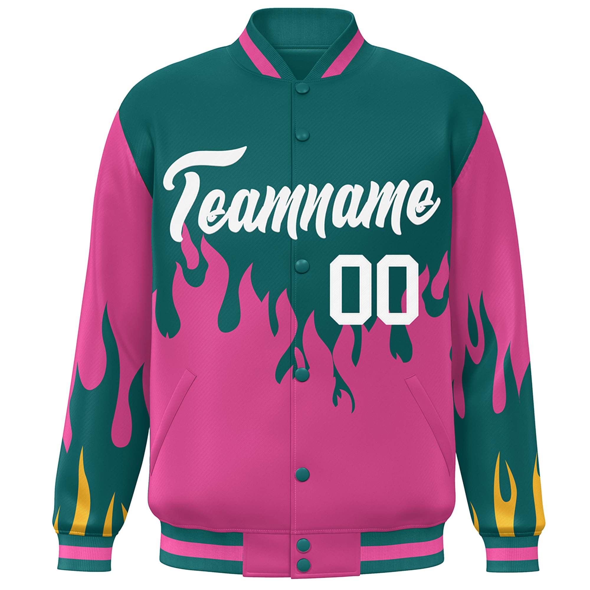 Custom Aqua Pink-White Flame Graffiti Pattern Bomber Varsity Full-Snap Jacket