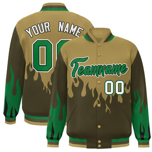 Custom Desert Yellow Olive-Green Flame Graffiti Pattern Bomber Varsity Full-Snap Jacket