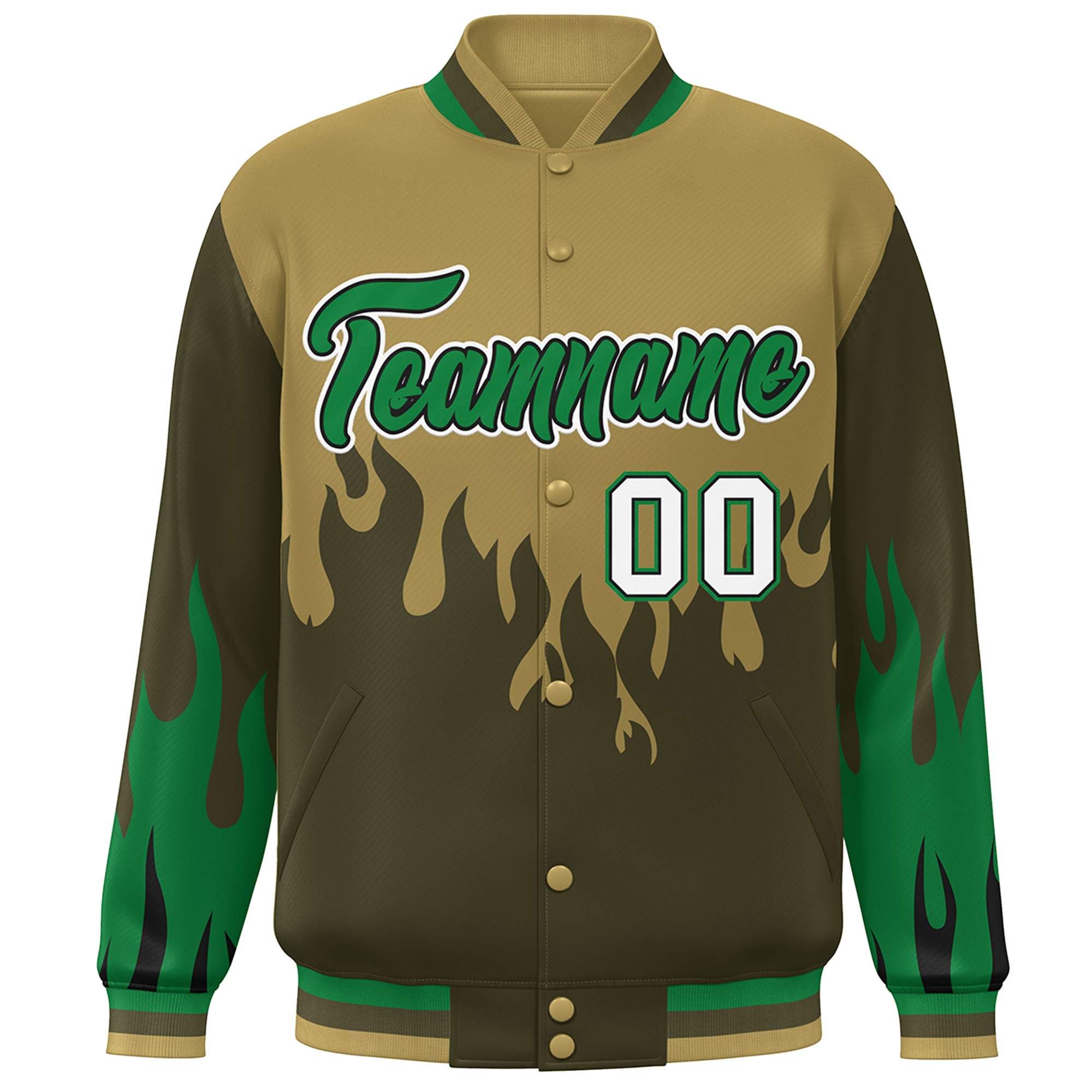 Custom Desert Yellow Olive-Green Flame Graffiti Pattern Bomber Varsity Full-Snap Jacket