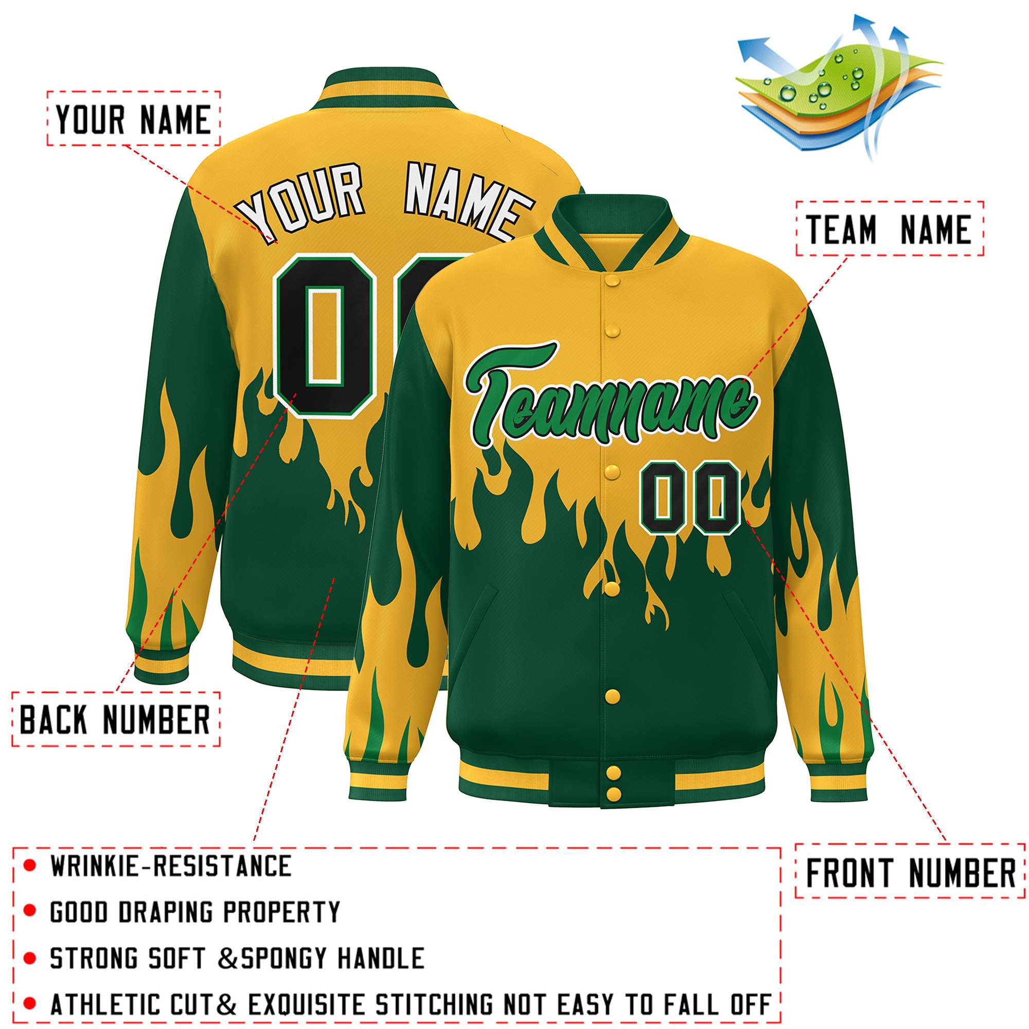 Custom Gold Green-White Flame Graffiti Pattern Bomber Varsity Full-Snap Jacket