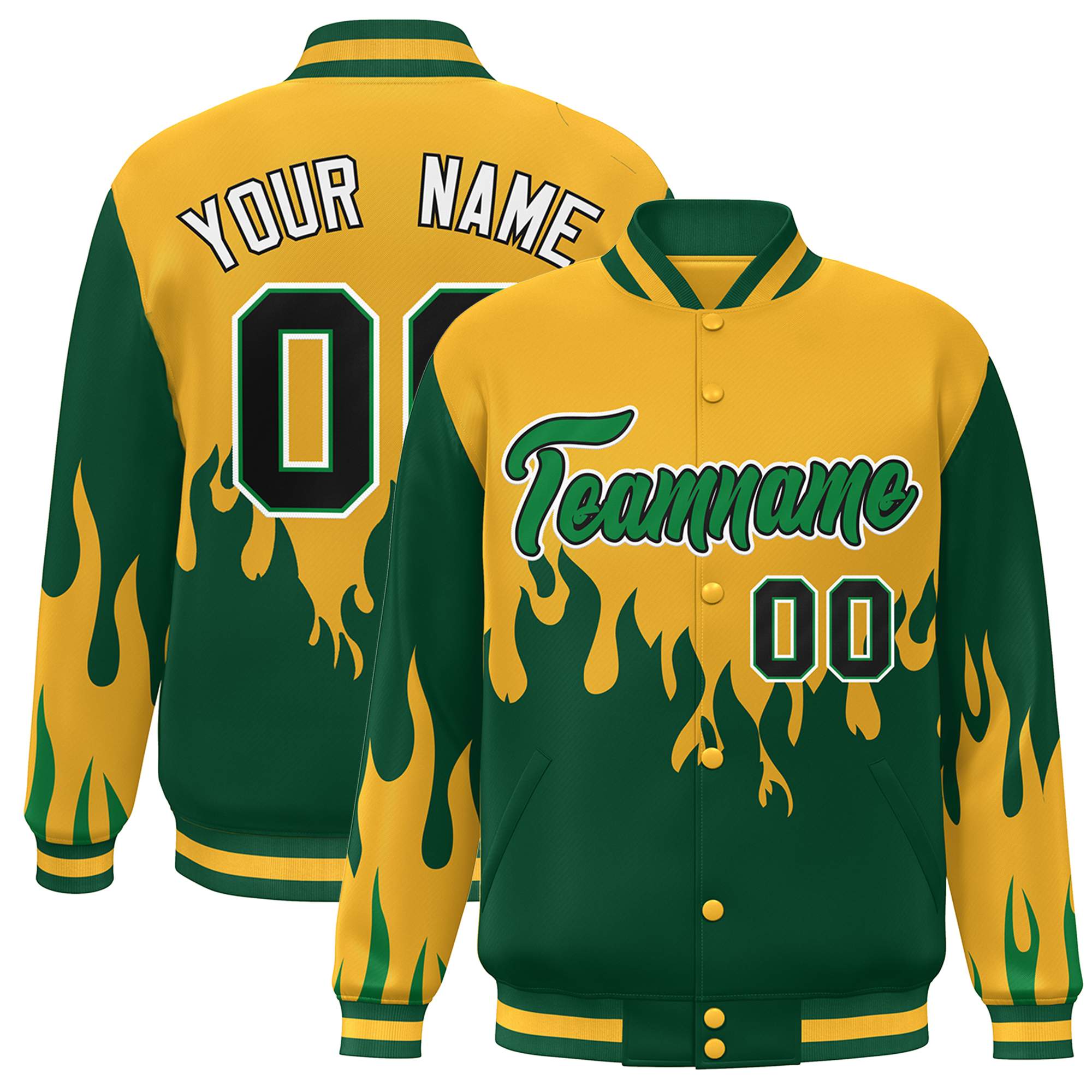 Custom Gold Green-White Flame Graffiti Pattern Bomber Varsity Full-Snap Jacket