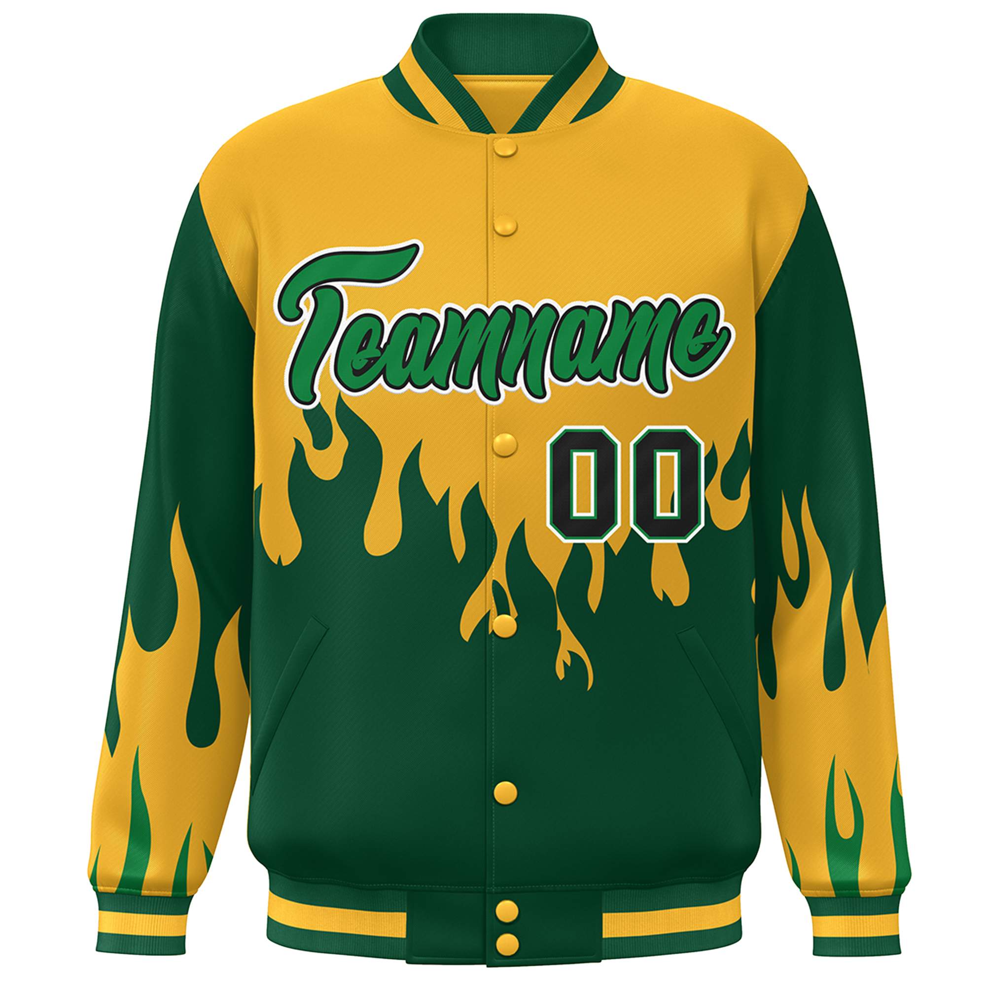 Custom Gold Green-White Flame Graffiti Pattern Bomber Varsity Full-Snap Jacket