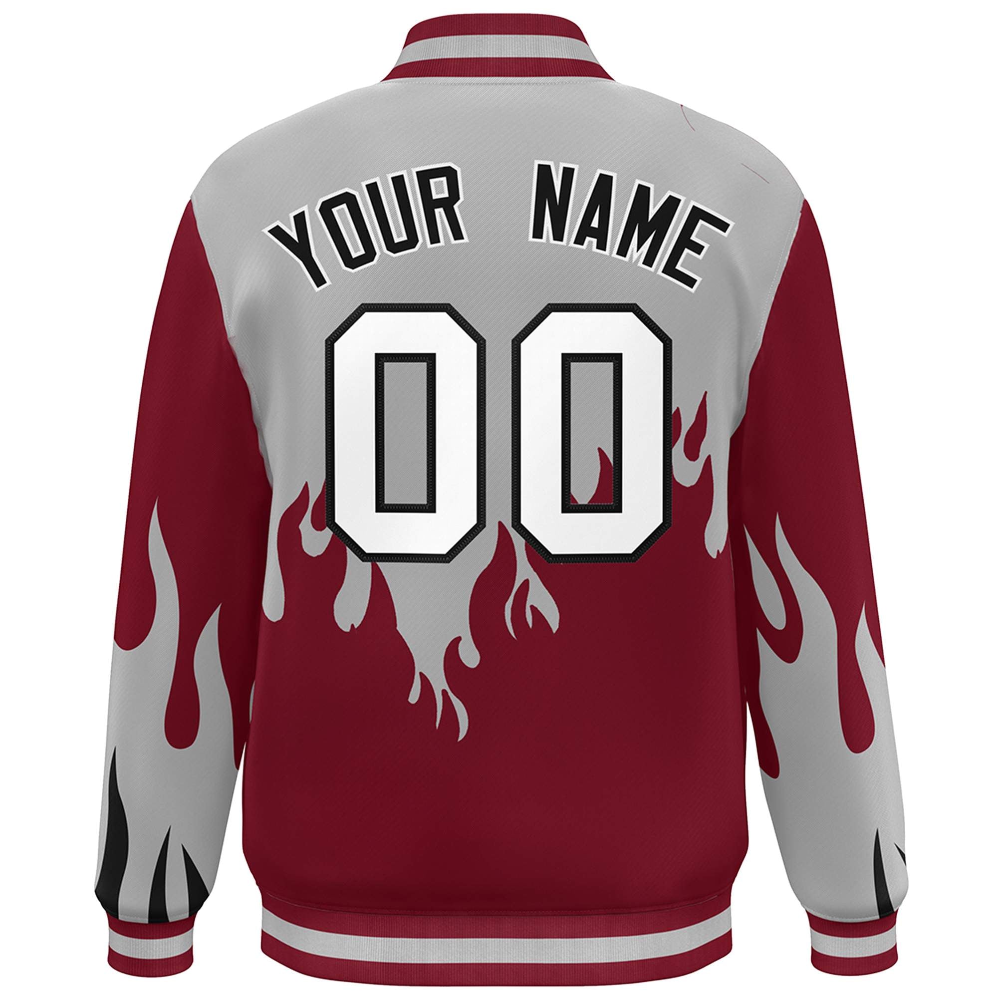 Custom Gray Crimson-White Flame Graffiti Pattern Bomber Varsity Full-Snap Jacket