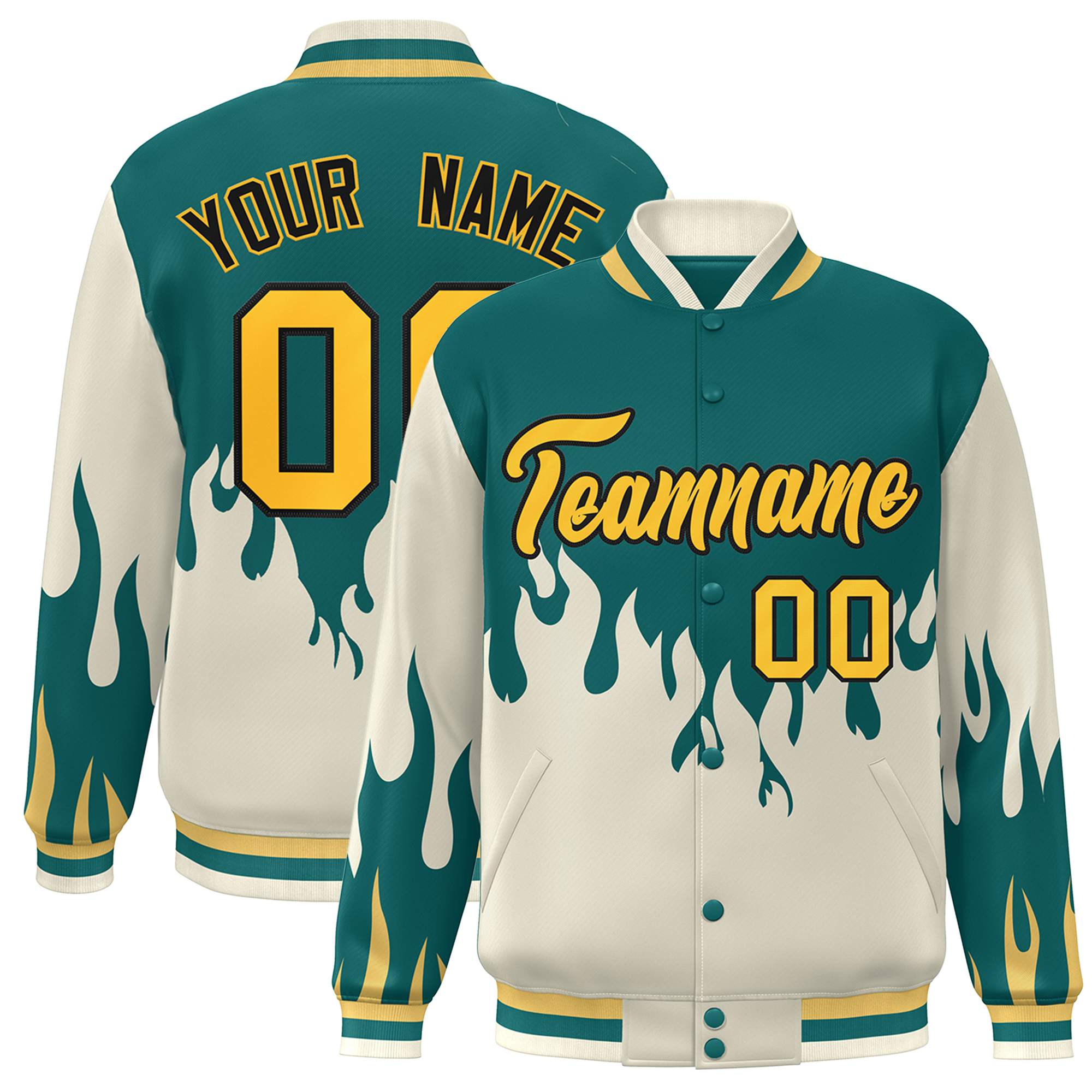 Custom Aqua Cream-Yellow Flame Graffiti Pattern Bomber Varsity Full-Snap Jacket