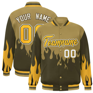 Custom Desert Yellow Olive-Gold Flame Graffiti Pattern Bomber Varsity Full-Snap Jacket