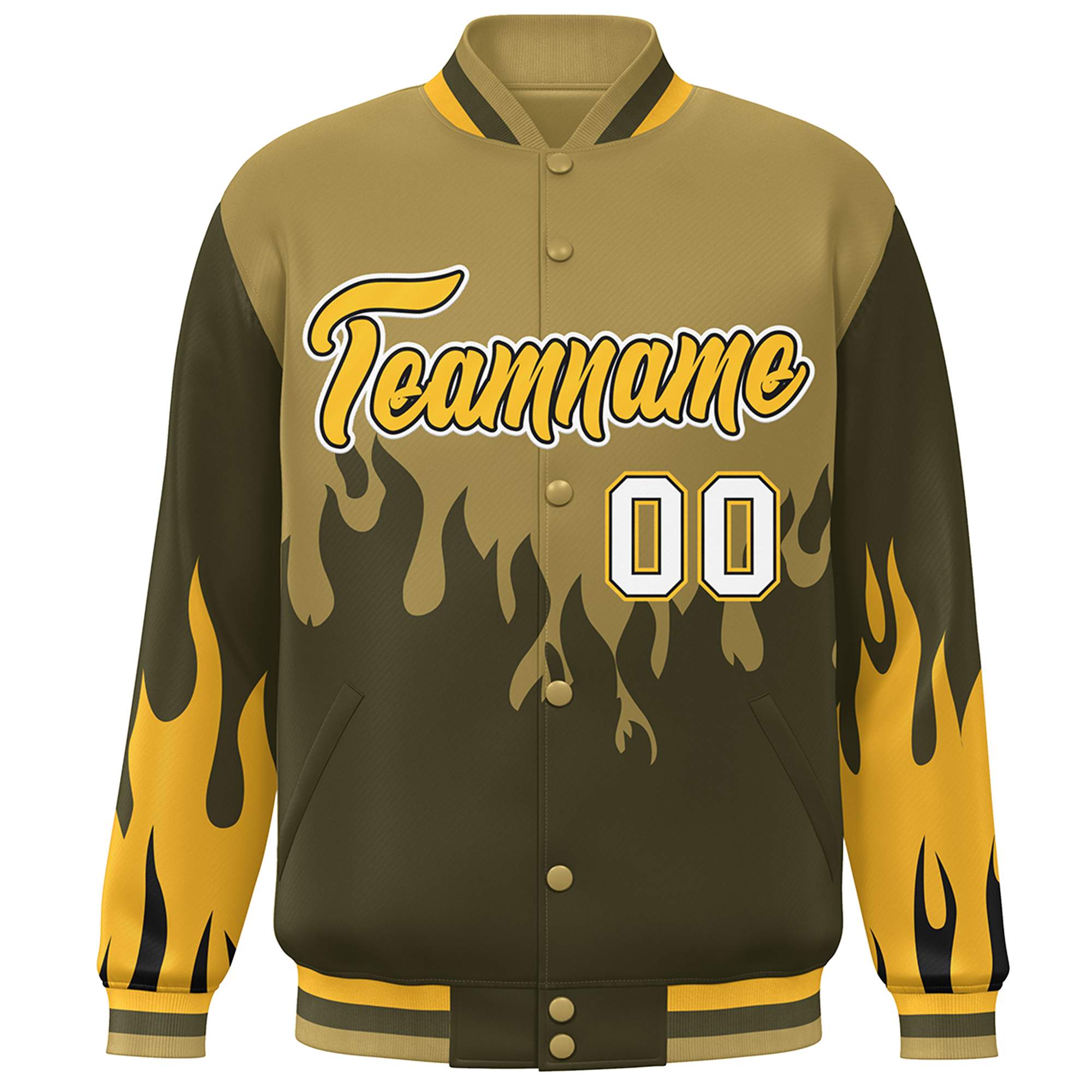 Custom Desert Yellow Olive-Gold Flame Graffiti Pattern Bomber Varsity Full-Snap Jacket