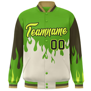 Custom Green Cream Flame Graffiti Pattern Bomber Varsity Full-Snap Jacket