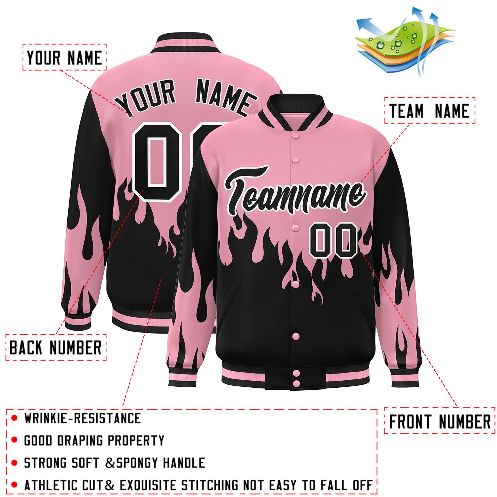 Custom Pink Black Flame Graffiti Pattern Bomber Varsity Full-Snap Jacket