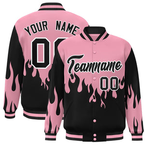 Custom Pink Black Flame Graffiti Pattern Bomber Varsity Full-Snap Jacket