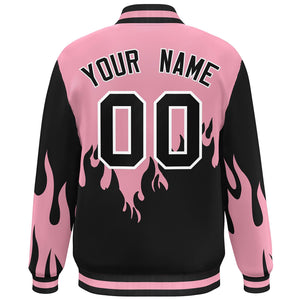 Custom Pink Black Flame Graffiti Pattern Bomber Varsity Full-Snap Jacket