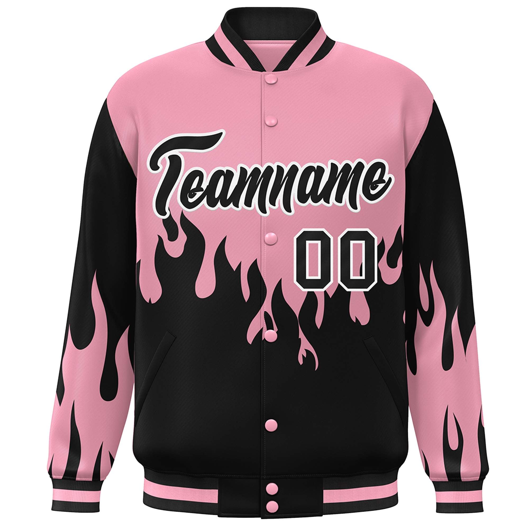 Custom Pink Black Flame Graffiti Pattern Bomber Varsity Full-Snap Jacket