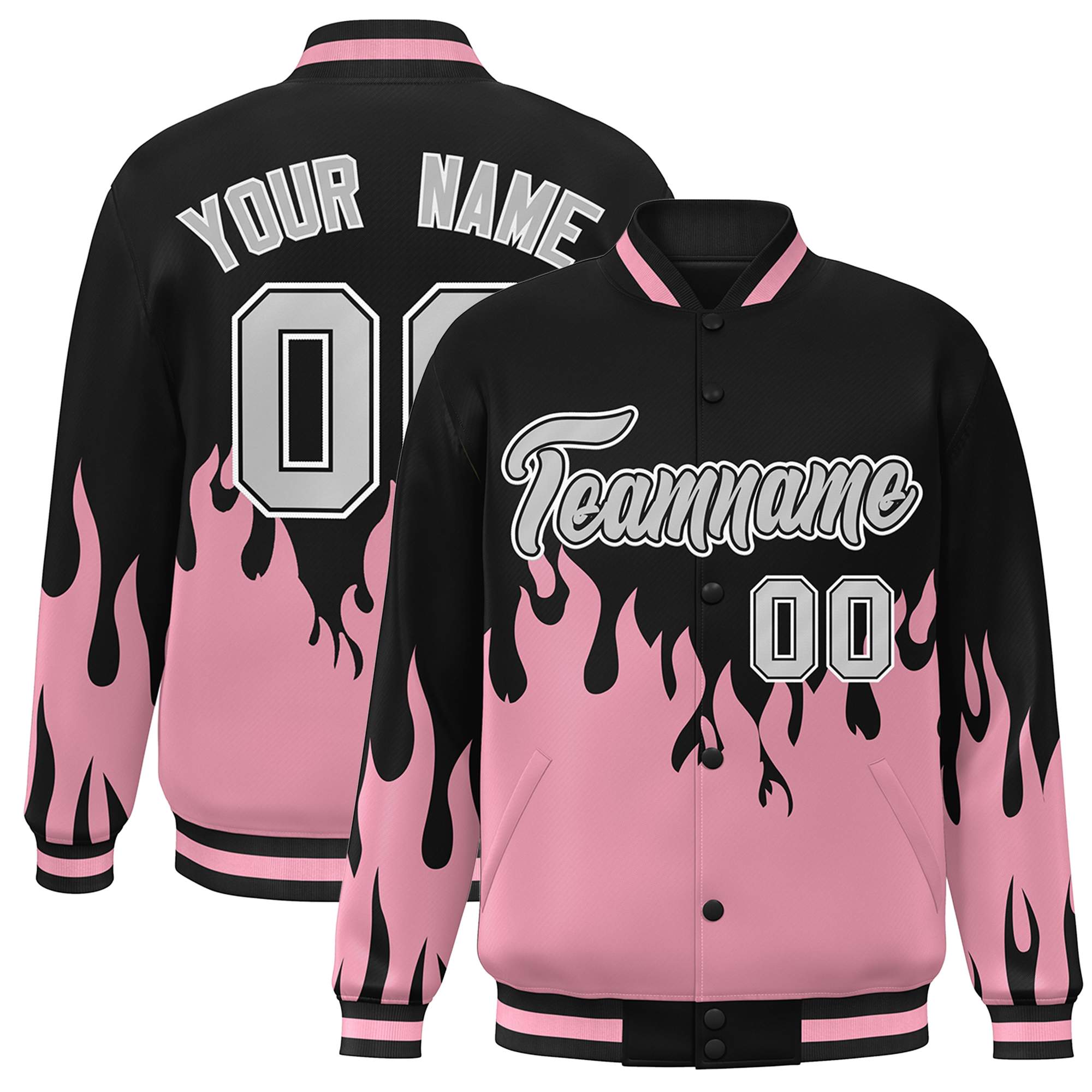 Custom Pink Black-Gray Flame Graffiti Pattern Bomber Varsity Full-Snap Jacket