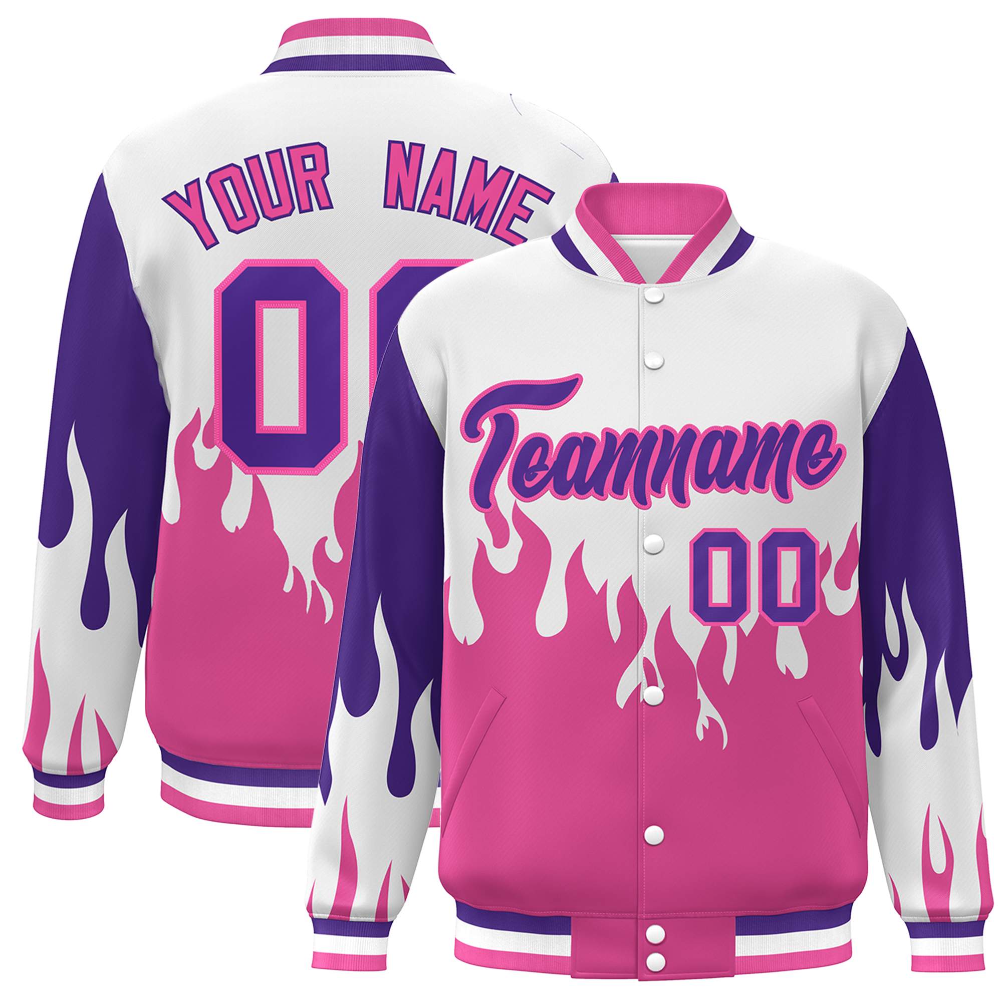 Custom White Pink-Purple Flame Graffiti Pattern Bomber Varsity Full-Snap Jacket