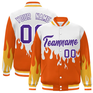 Custom White Orange-Purple Flame Graffiti Pattern Bomber Varsity Full-Snap Jacket