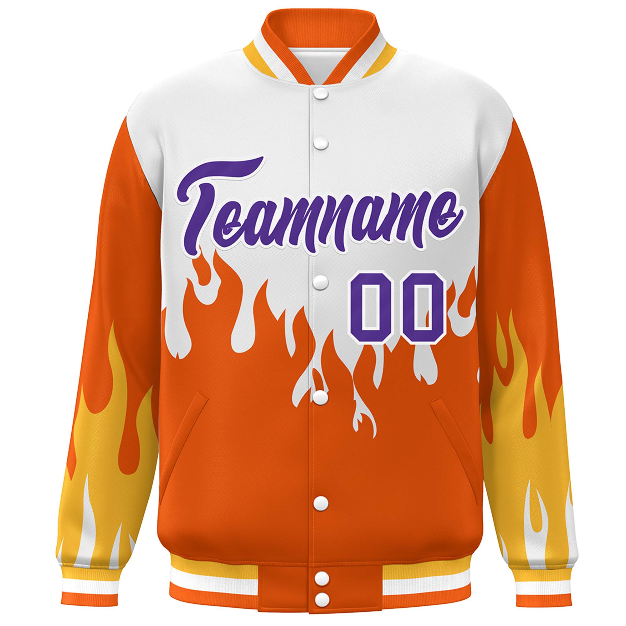 Custom White Orange-Purple Flame Graffiti Pattern Bomber Varsity Full-Snap Jacket